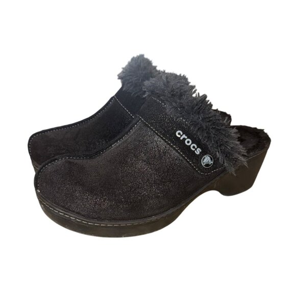 Crocs Shoes Womens 7 Cobbler Mule Clogs Black Suede Faux Fur Trim Wedge 11602 - Picture 1 of 10